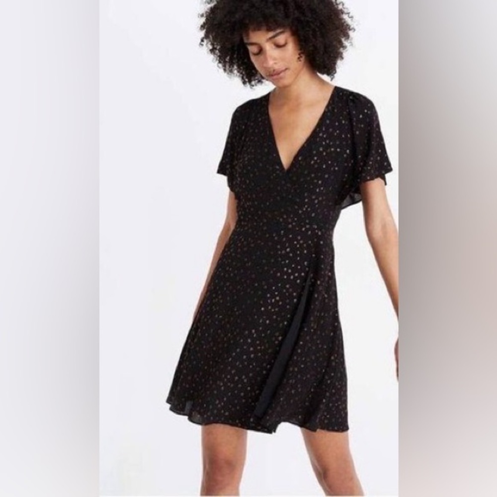 Madewell Black Short Cape Sleeve Metallic Dot Faux Wrap Mini Dress Size 2
